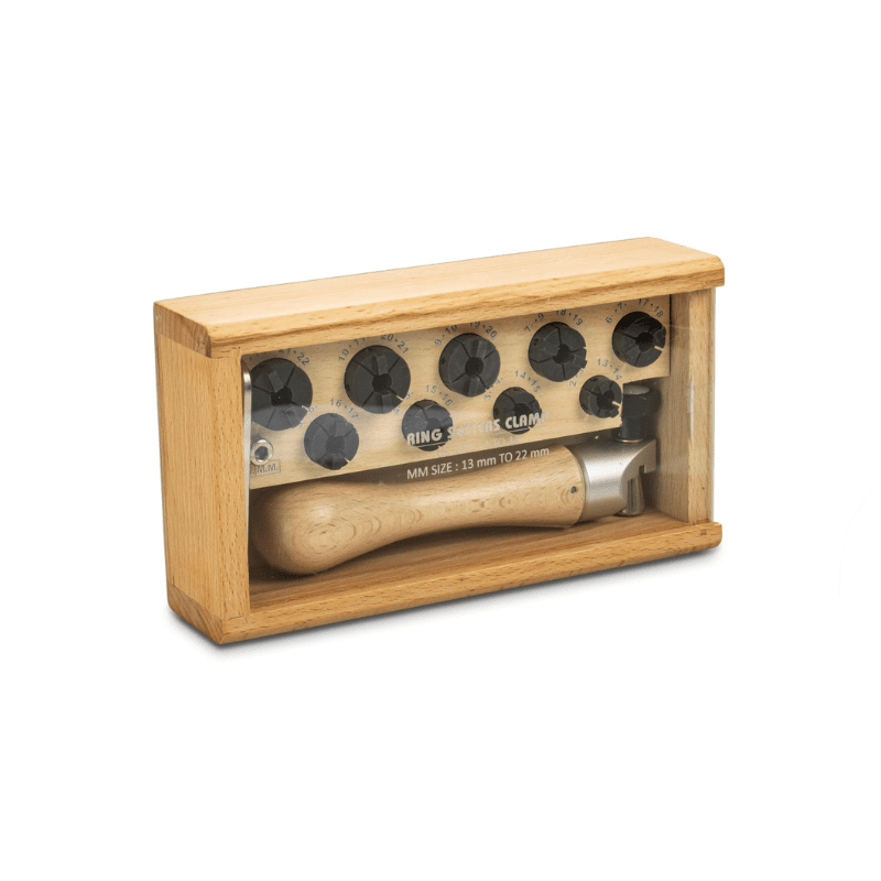 ring setter clamp with nylon split collects inserts set Sormuksen asettajan puristimen setti nylon holkilla – Puinen laatikko (US koot 2–13 / 13–22mm) - Image 1